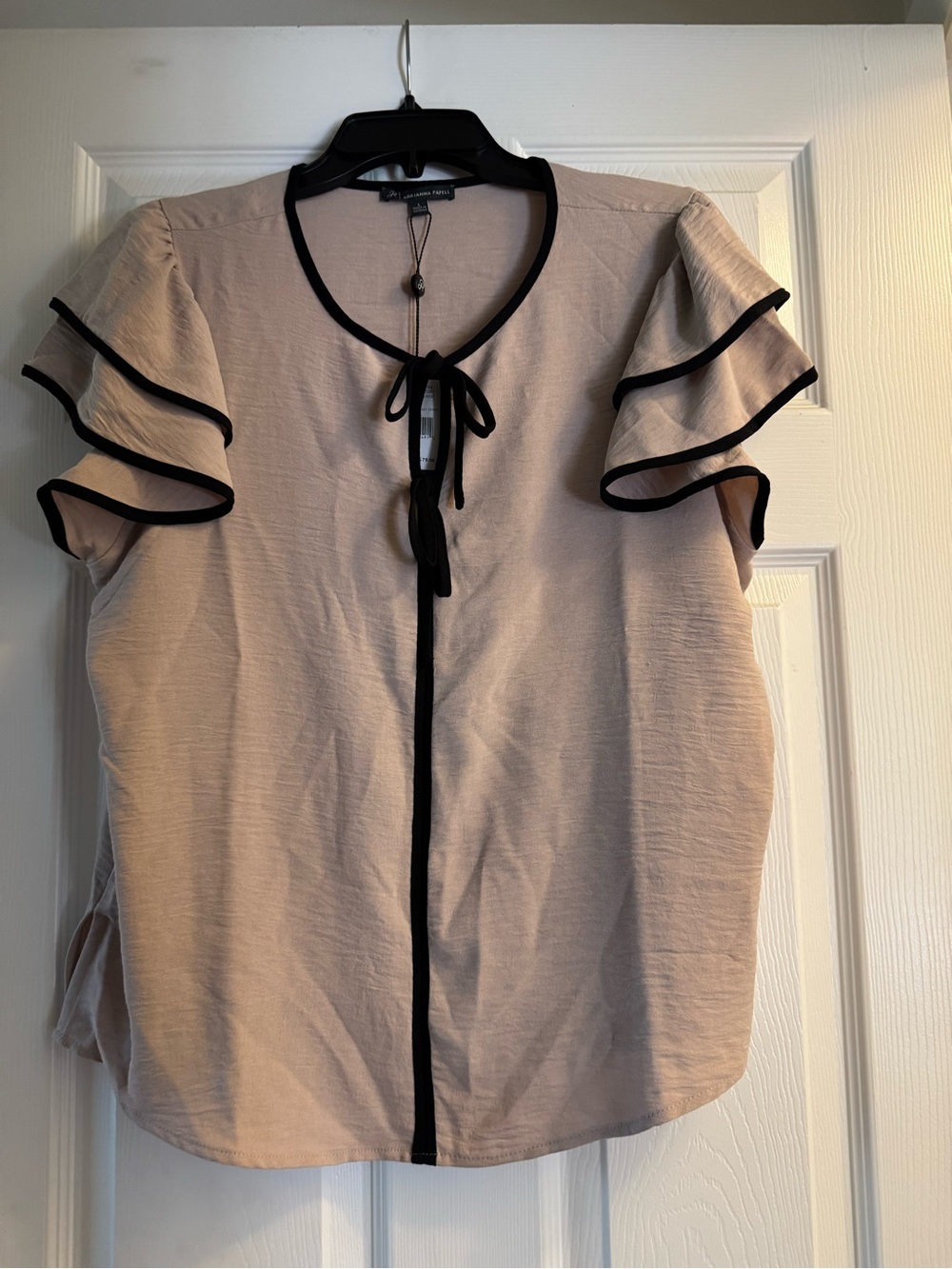 Adrianna Papell Blush Pink Blouse with Black Trim and Tie Front